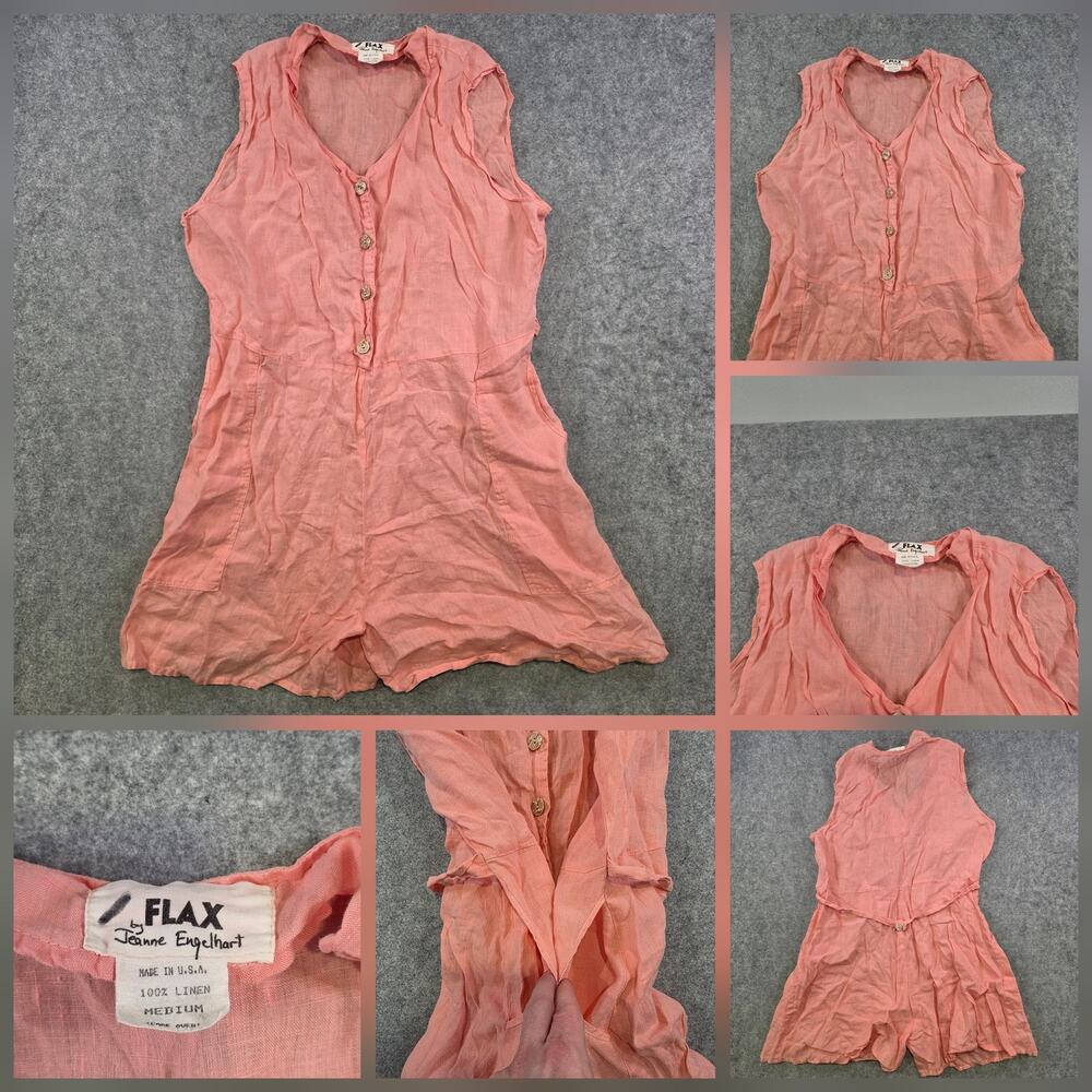 FLAX By Jeanne Engelhart Romper Womens Medium Pink 100% Linen Sleeveless Button‎